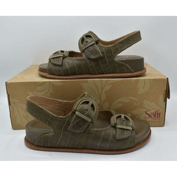 Sofft Womens Size 9 Adalia Olive Buckle Croc Embossed Suede Leather Sandals - Picture 3 of 13